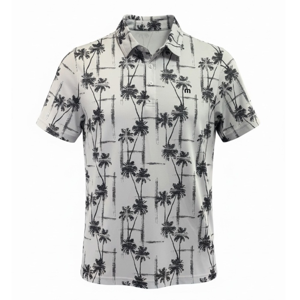 TravisMathew Mens Medium White / Purple Palm Tree Print Golf Polo Shirt (V20)